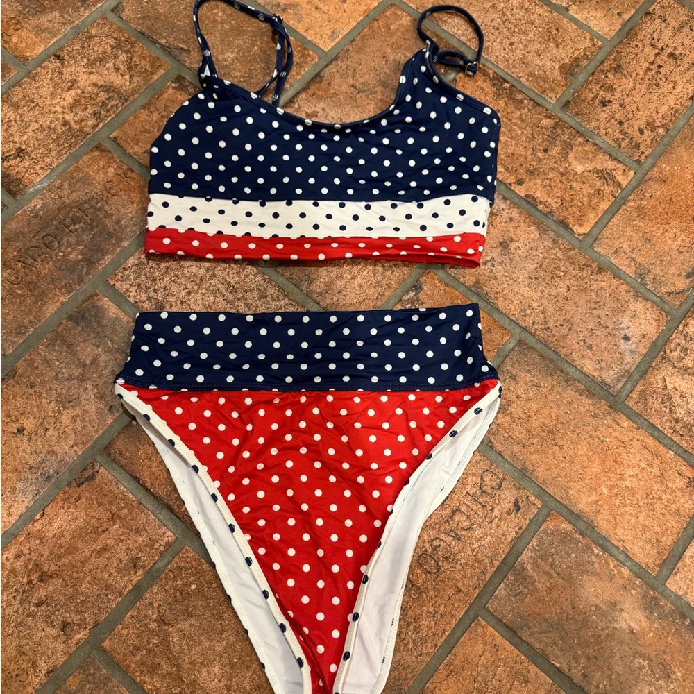 Beach Riot Women's Polka Dot Bikini in Navy, Red & White